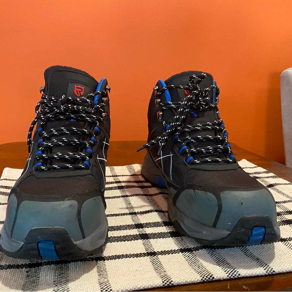 Larnmern steel toe boots black/blue and gray with white stripes size 10.5